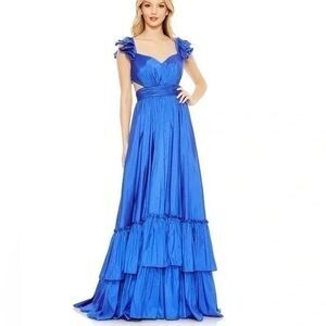 NWT Mac Duggal 68062 Satin Tie-Back Cut-Out‎ Tiered Maxi Dress Blue Size 8